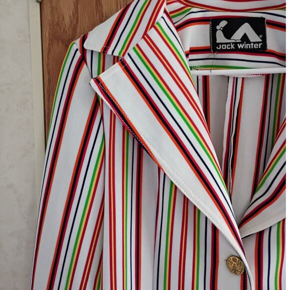 Vntg 1970s Jack Winter Mod Stripe Double Knit Blazer Gold Crest Buttons Women M - Picture 2 of 8